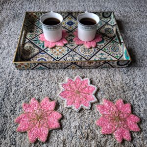 Handmade Pink Floral Beaded Tea Coaster Set